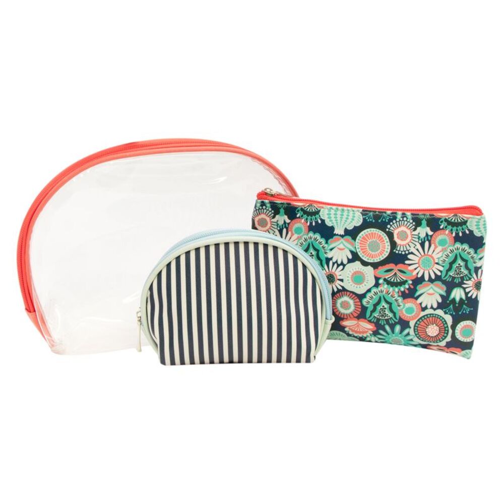 Sage & Emily 3 Piece Vinyl Travel Cosmetic Bag Set, Clear/Coral/White/Blue